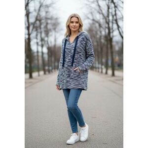 LOFT Navy Blue White Space Dye Knit Tunic Hoodie Sweater Size M